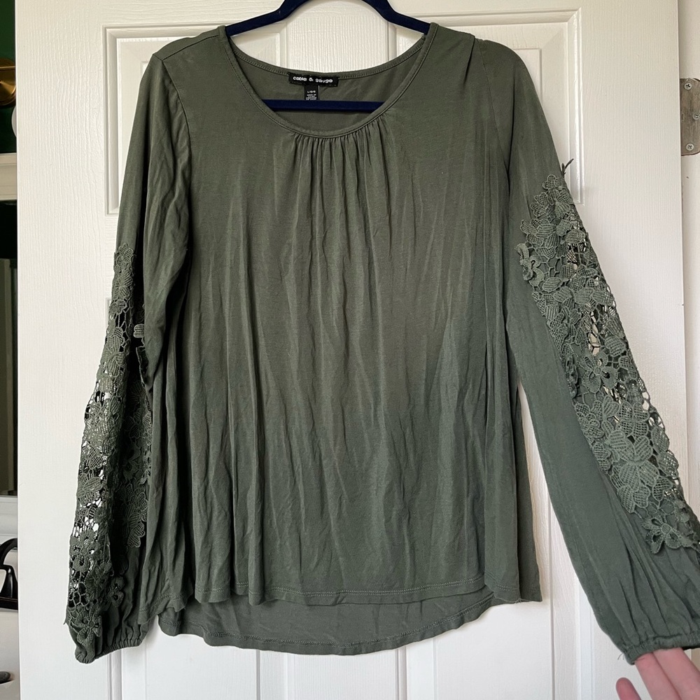 Army green blouse with lace sleeves